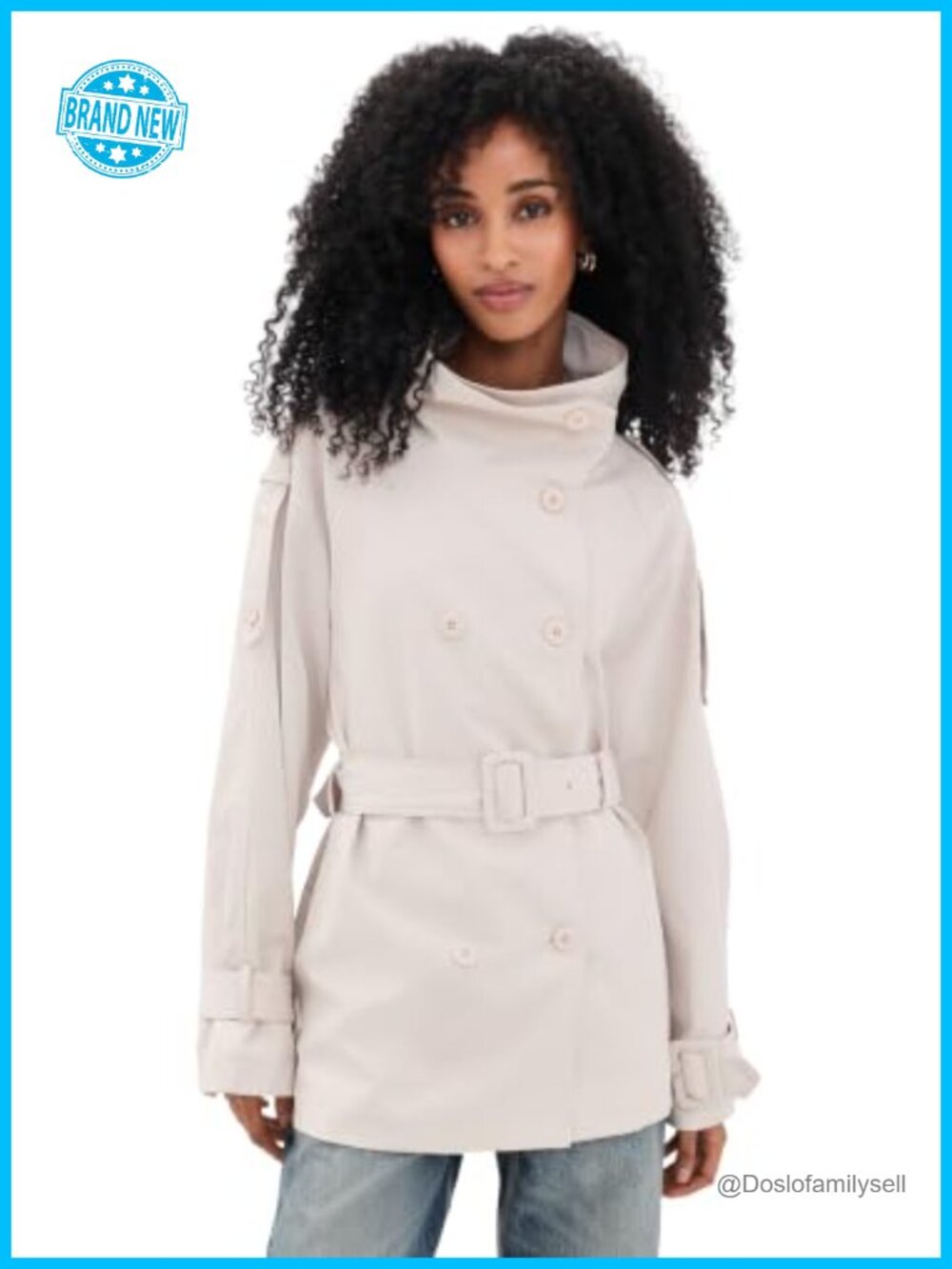 Cropped Trench Coat Mid-Weight Twill Double-Breasted Funnel Neck